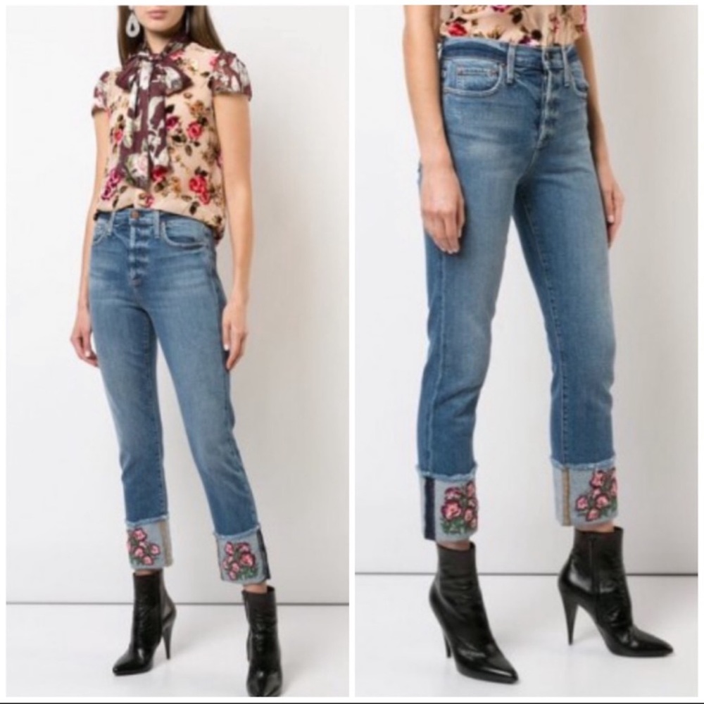 Alice + Olivia Embroidered Slim Cuffed Jeans 26
